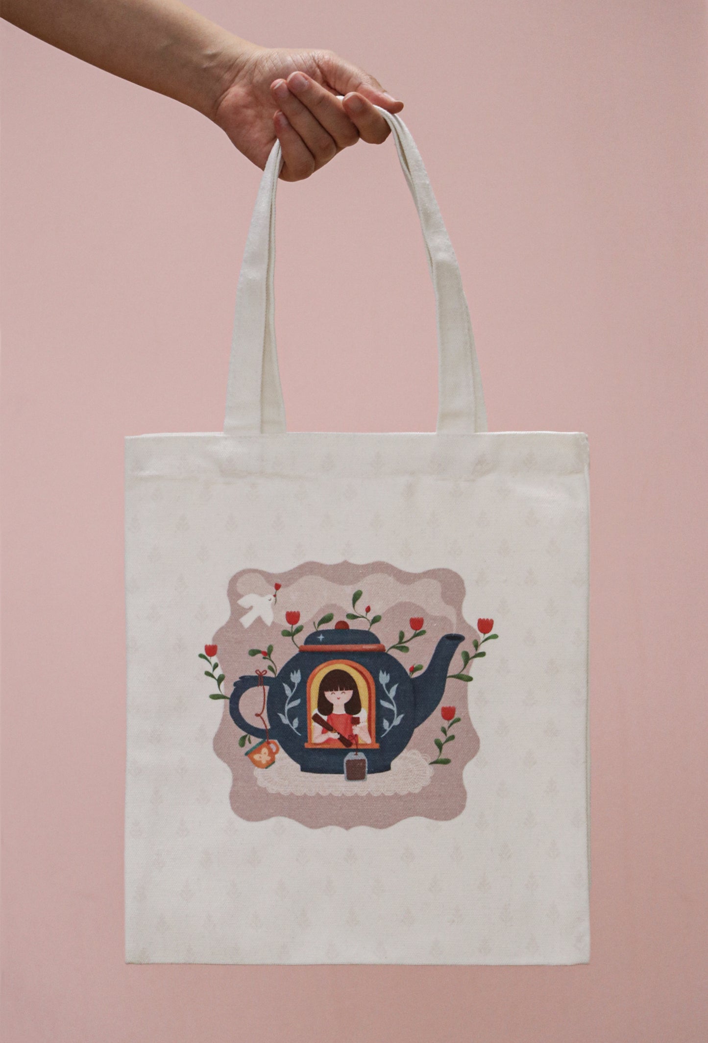 Tea Pot Girl Design - 16 oz Cotton Tote Bag